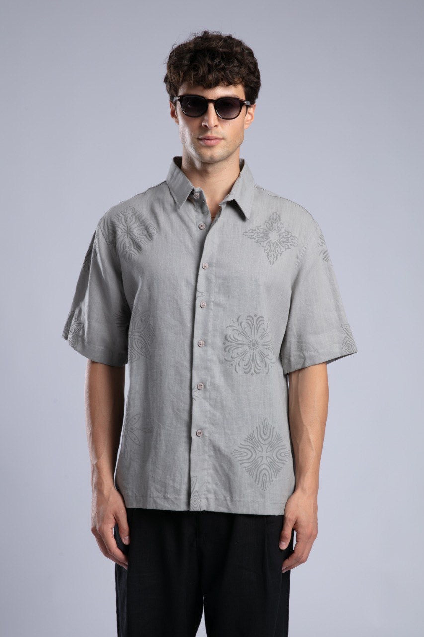 Gray Short Sleeve Button-Up Shirt for Men Streetwear