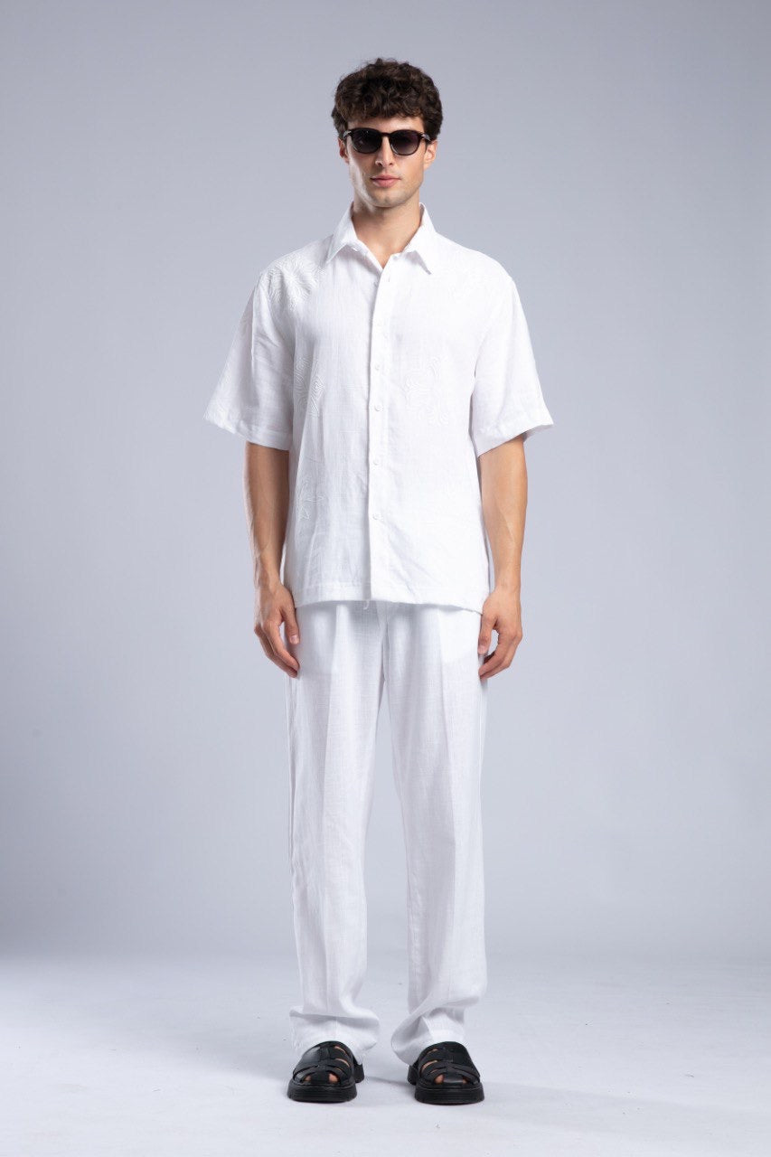 White Short Sleeve Button-Up Shirt for Men Summer