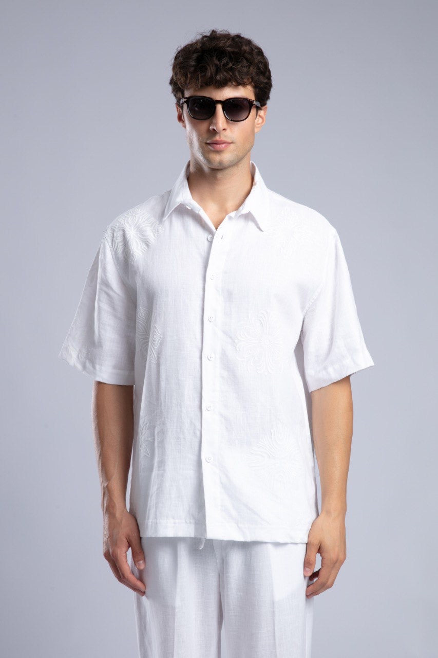 White Short Sleeve Button-Up Shirt for Men Summer