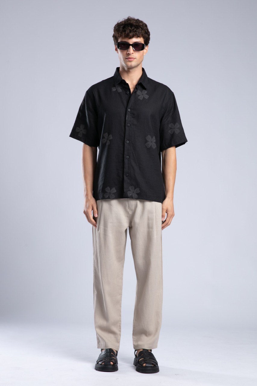 Black Floral Short Sleeve Button-Up Shirt for Men
