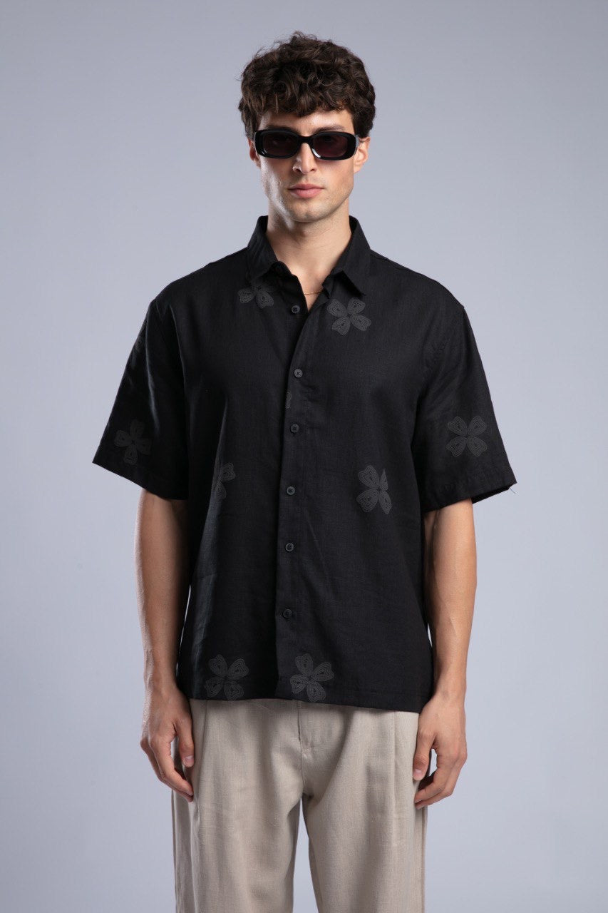 Black Floral Short Sleeve Button-Up Shirt for Men