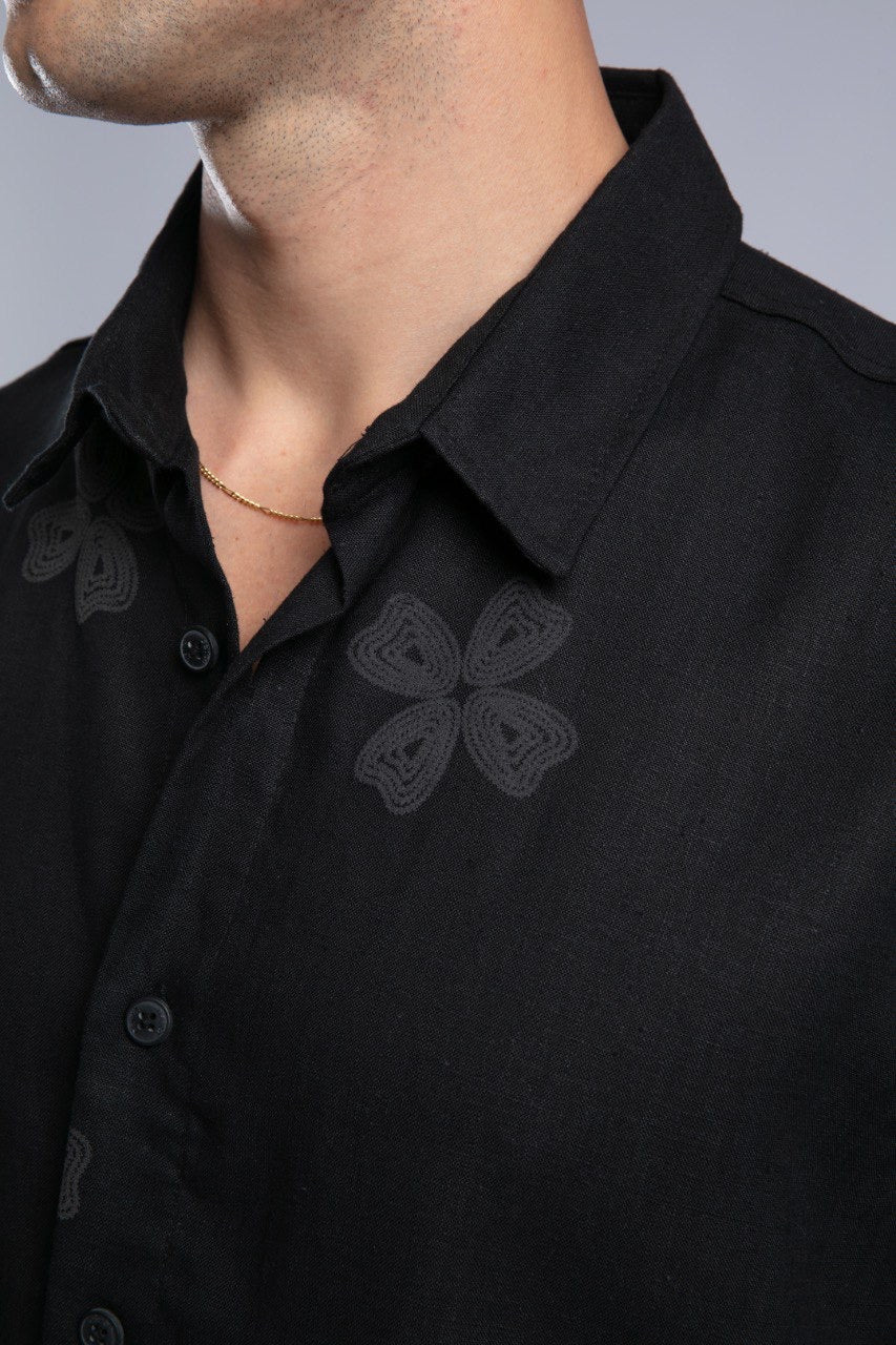 Black Floral Short Sleeve Button-Up Shirt for Men