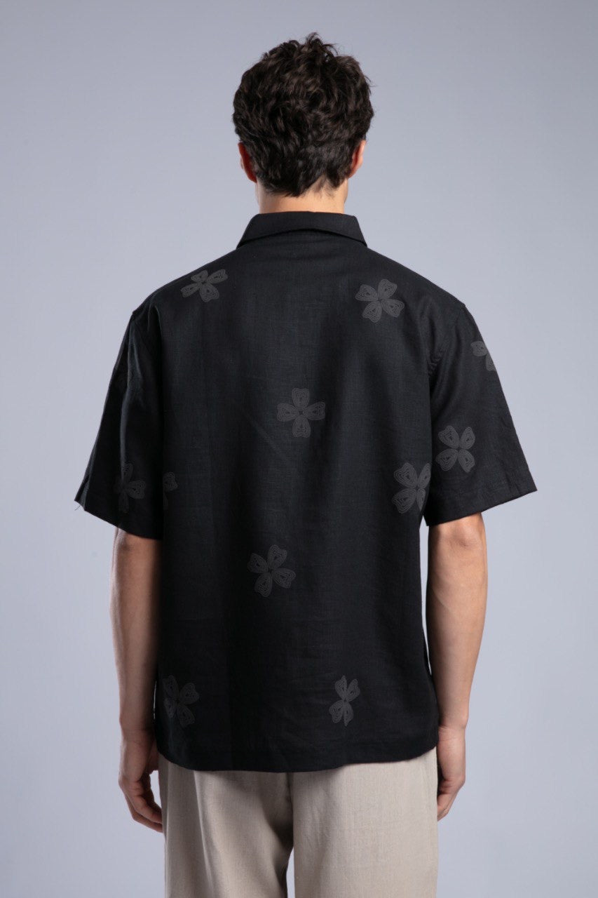 Black Floral Short Sleeve Button-Up Shirt for Men