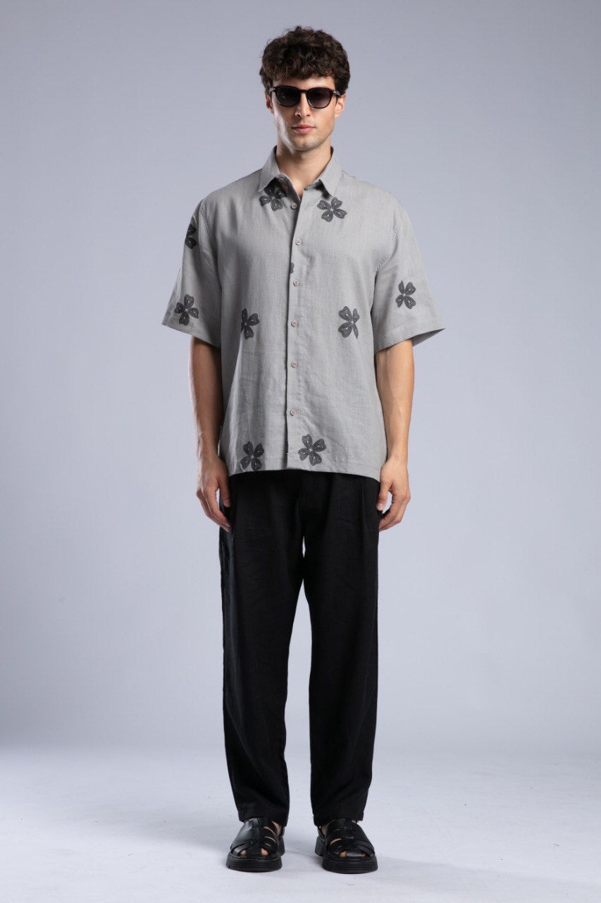 Gray Floral Short Sleeve Button-Up Shirt for Men