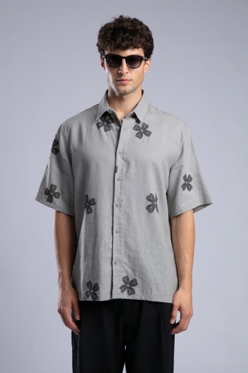 Gray Floral Short Sleeve Button-Up Shirt for Men