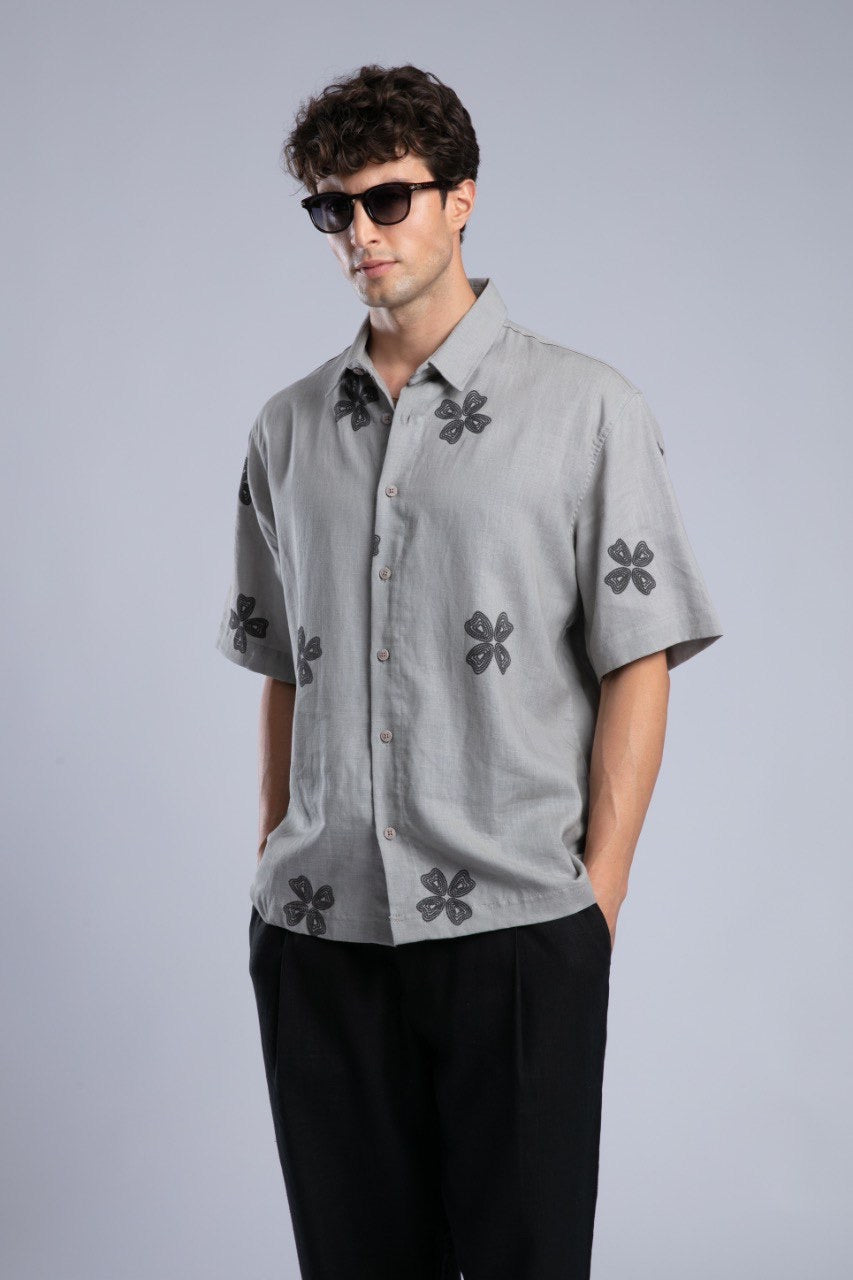 Gray Floral Short Sleeve Button-Up Shirt for Men