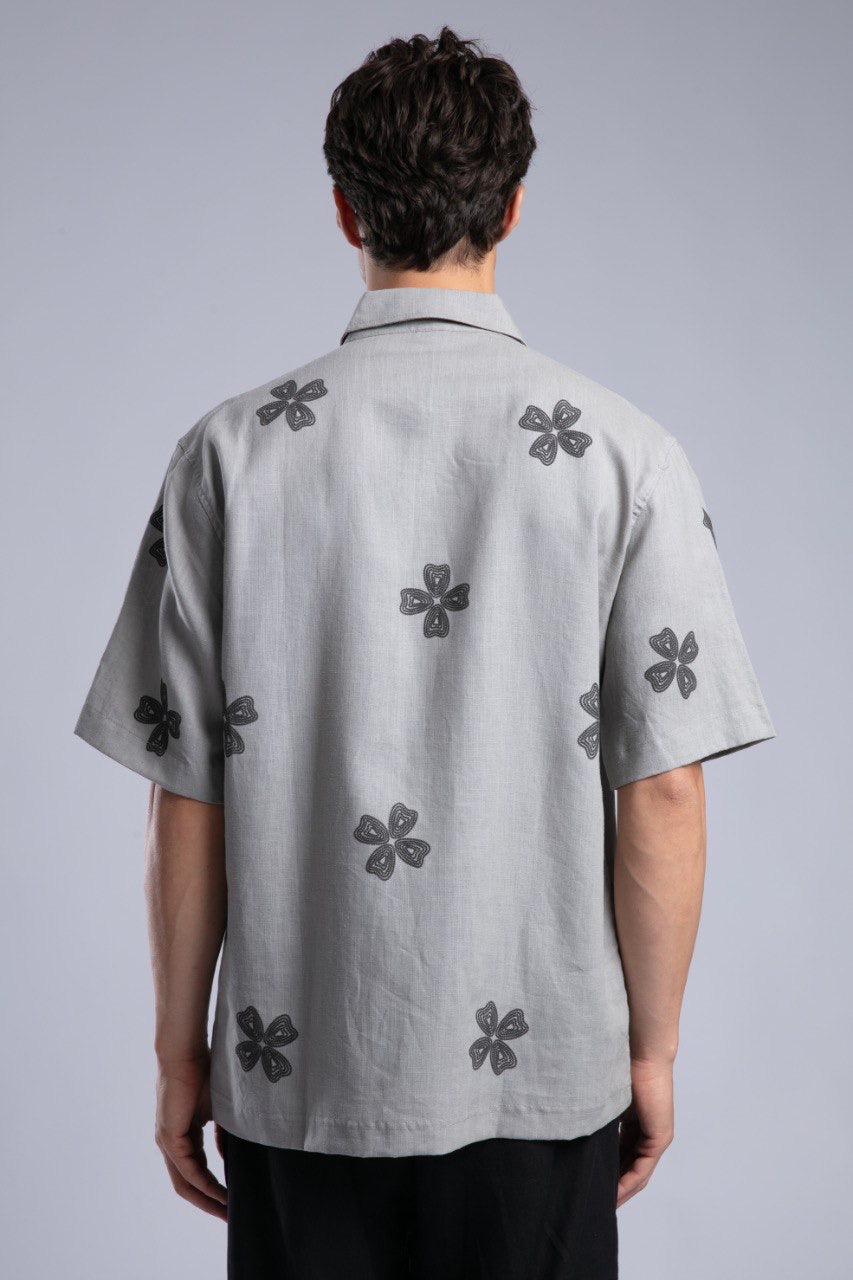Gray Floral Short Sleeve Button-Up Shirt for Men
