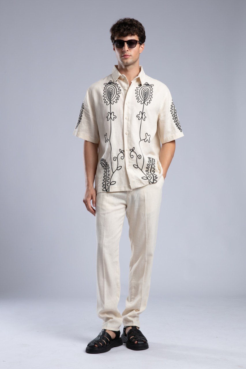 Beige Printed Short Sleeve Button-Up Shirt for Men