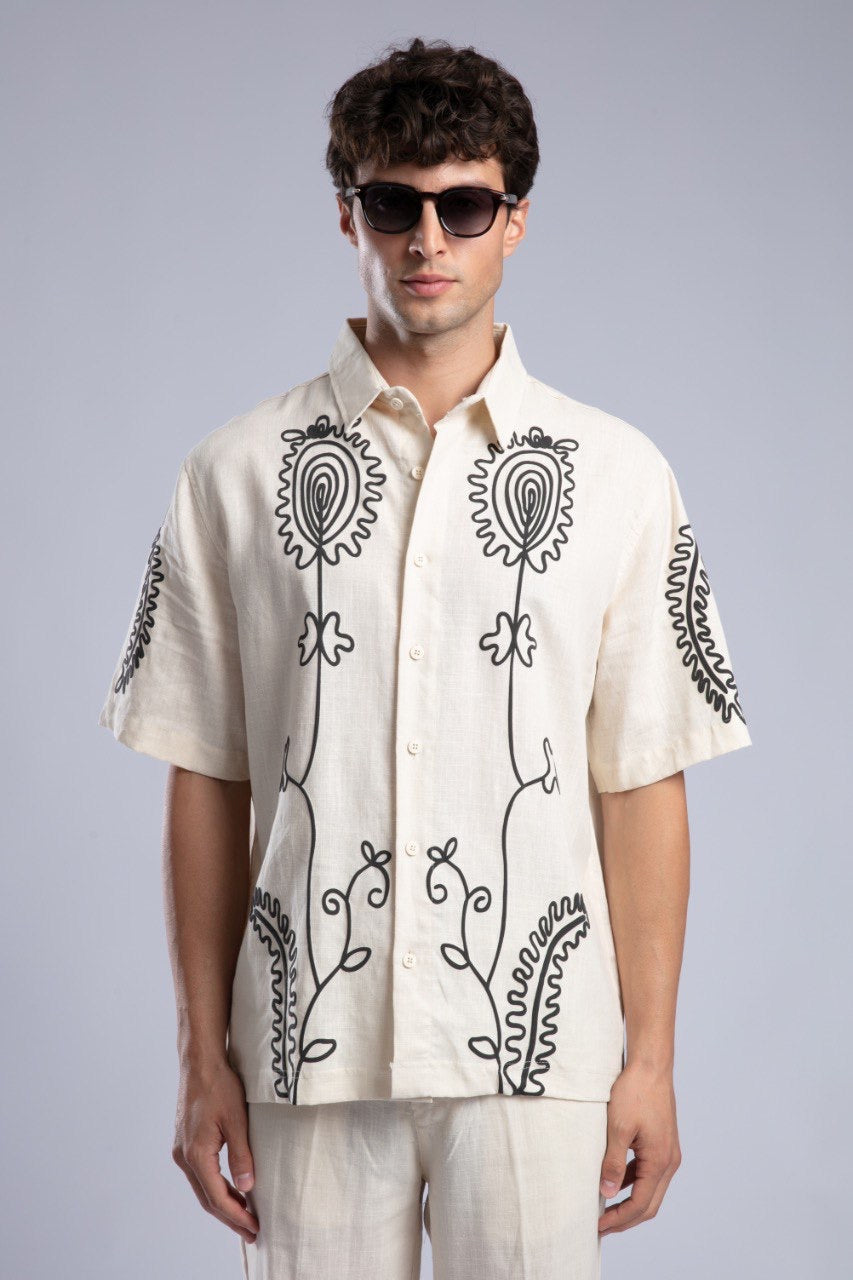 Beige Printed Short Sleeve Button-Up Shirt for Men
