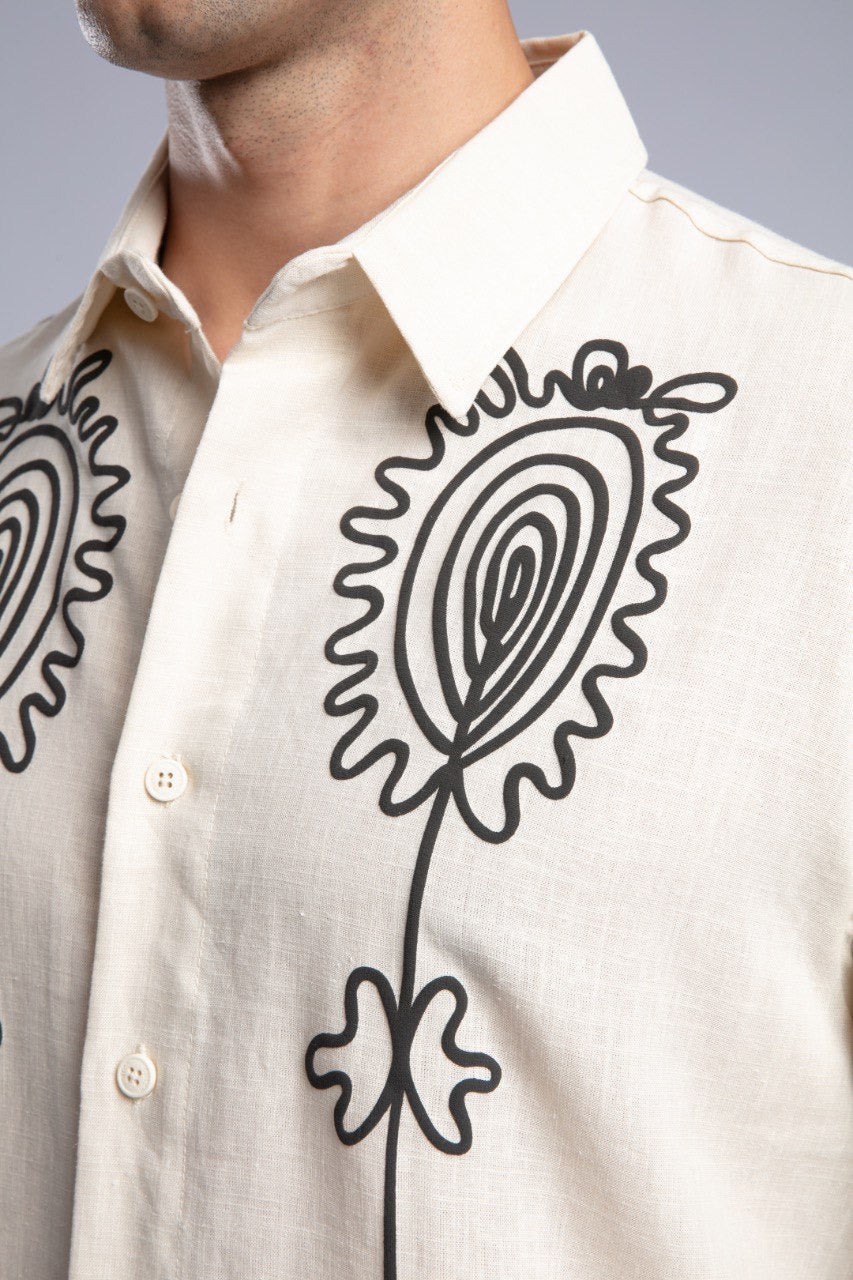 Beige Printed Short Sleeve Button-Up Shirt for Men