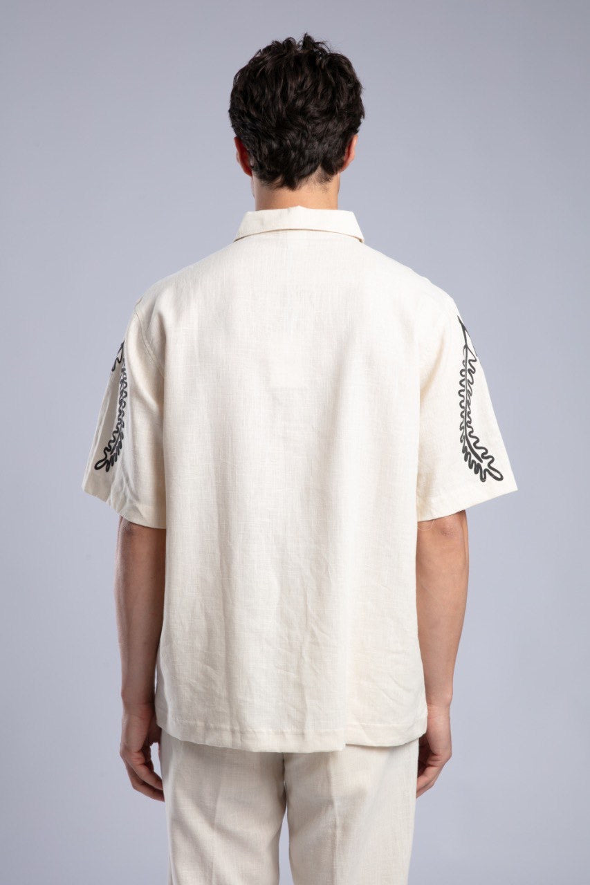 Beige Printed Short Sleeve Button-Up Shirt for Men