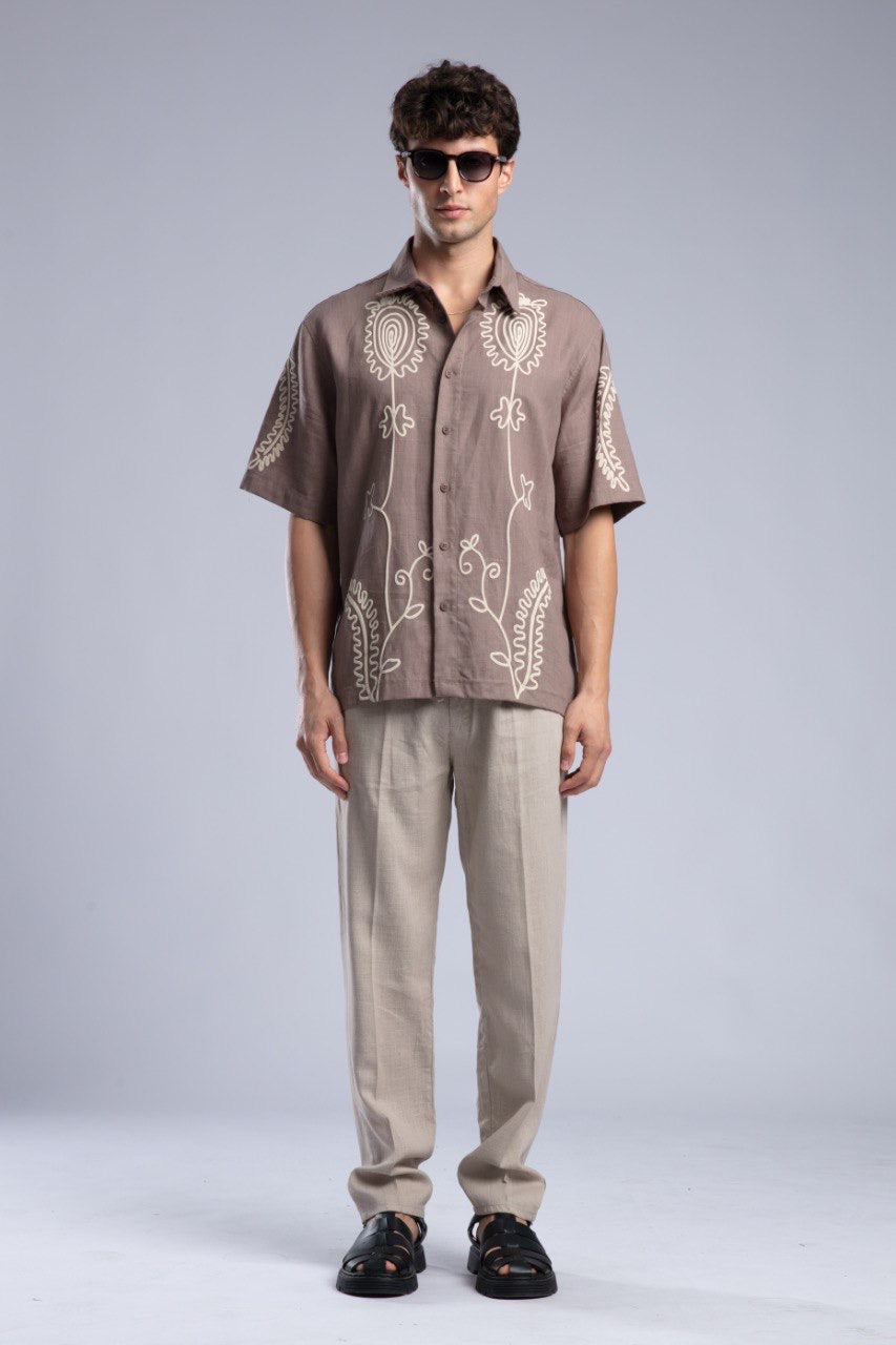 Brown Printed Short Sleeve Button-Up Shirt for Men