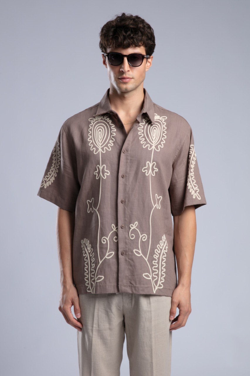 Brown Printed Short Sleeve Button-Up Shirt for Men