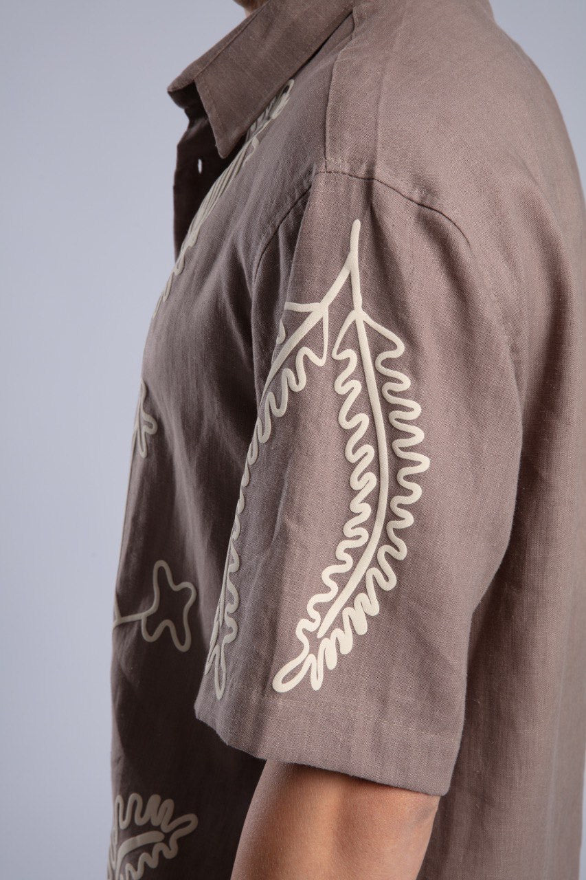 Brown Printed Short Sleeve Button-Up Shirt for Men