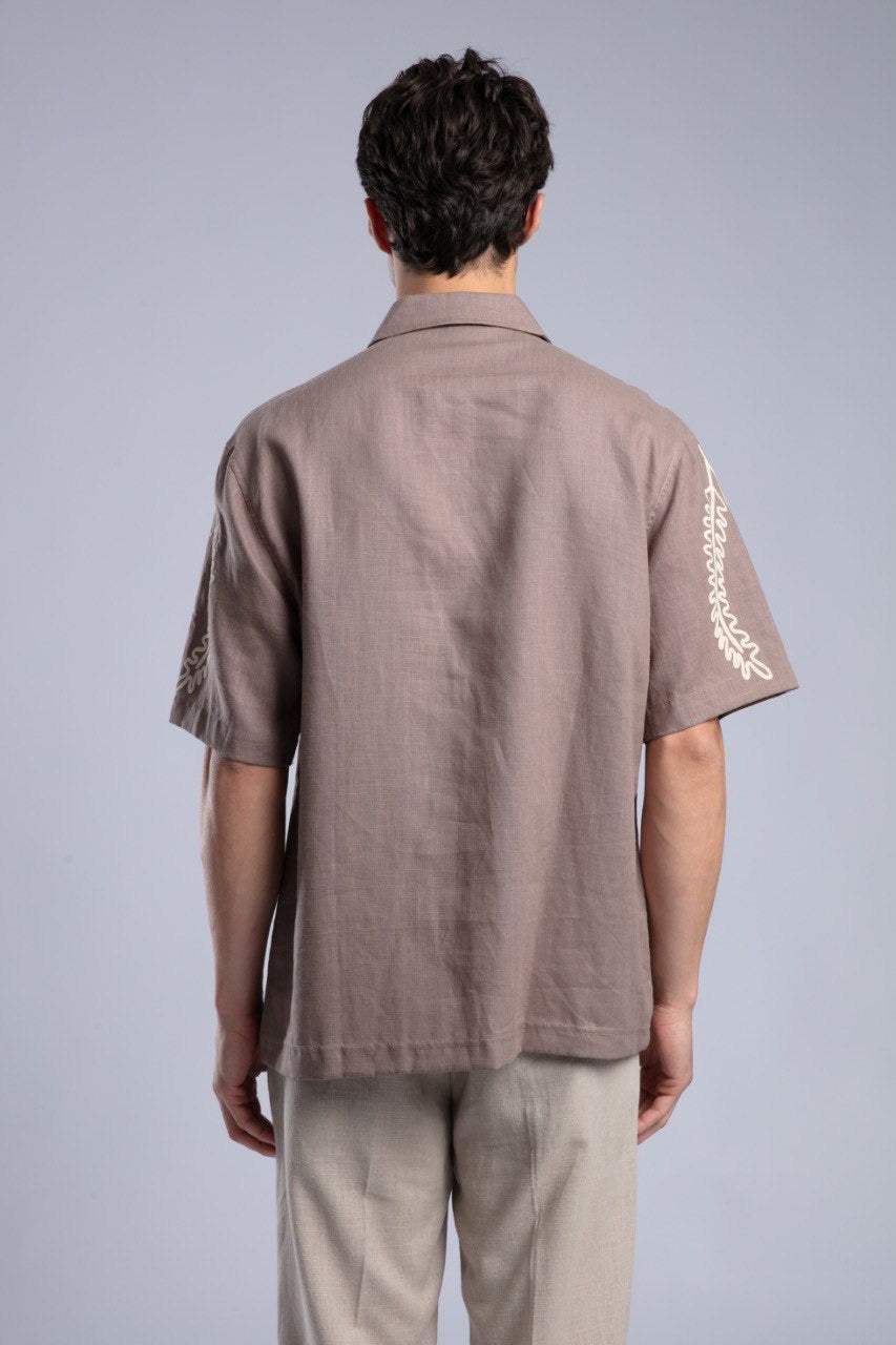 Brown Printed Short Sleeve Button-Up Shirt for Men
