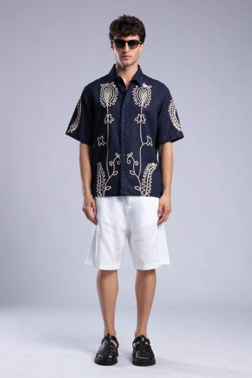 Navy Printed Short Sleeve Button-Up Shirt for Men