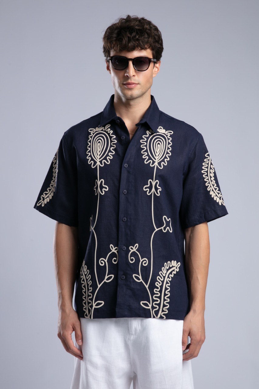 Navy Printed Short Sleeve Button-Up Shirt for Men