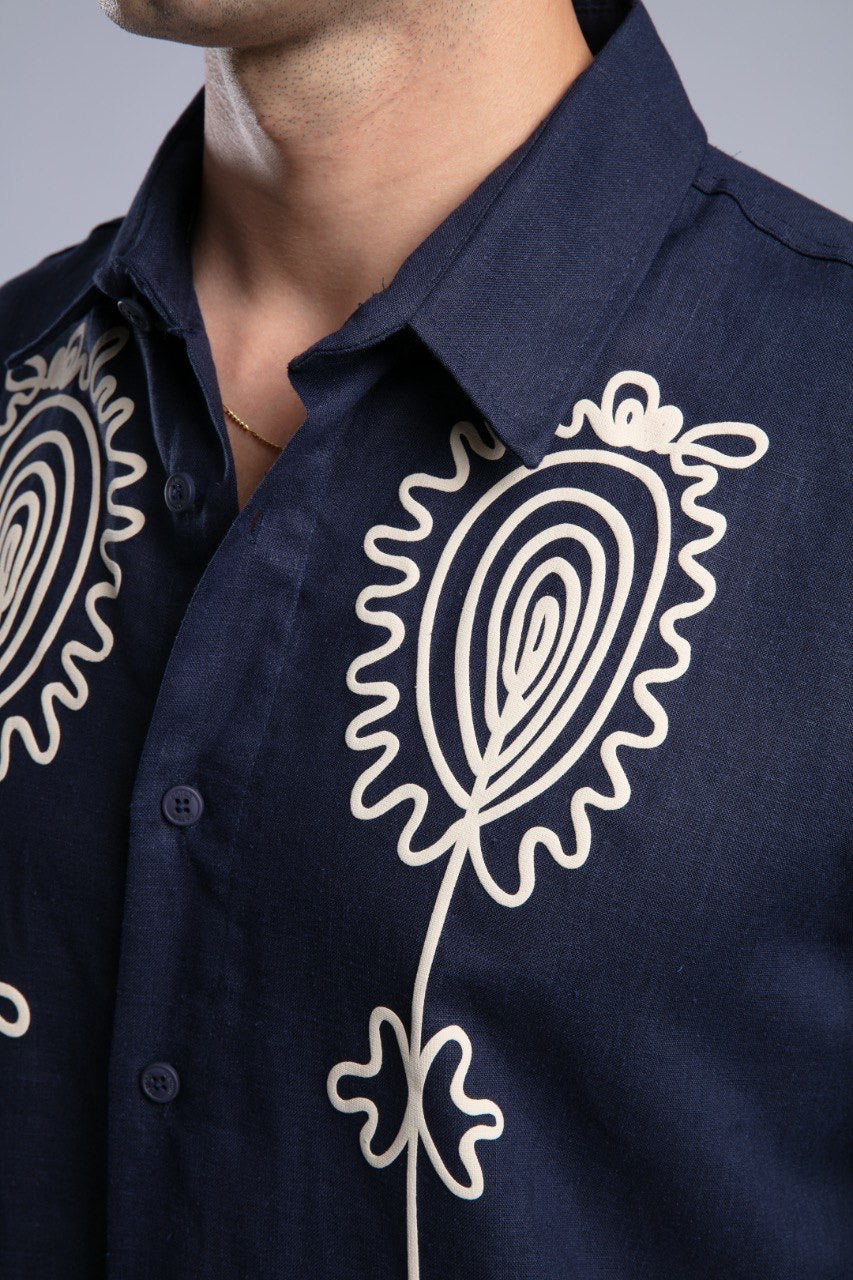 Navy Printed Short Sleeve Button-Up Shirt for Men