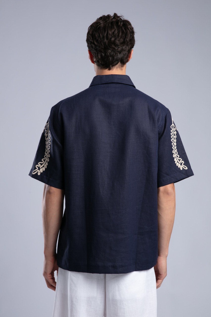 Navy Printed Short Sleeve Button-Up Shirt for Men