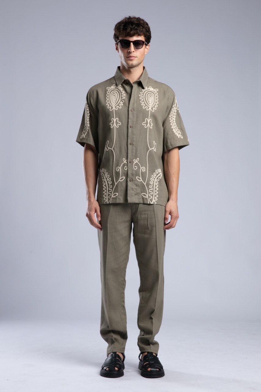 Olive Printed Short Sleeve Button-Up Shirt for Men
