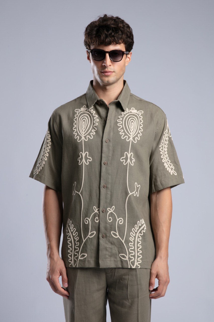 Olive Printed Short Sleeve Button-Up Shirt for Men