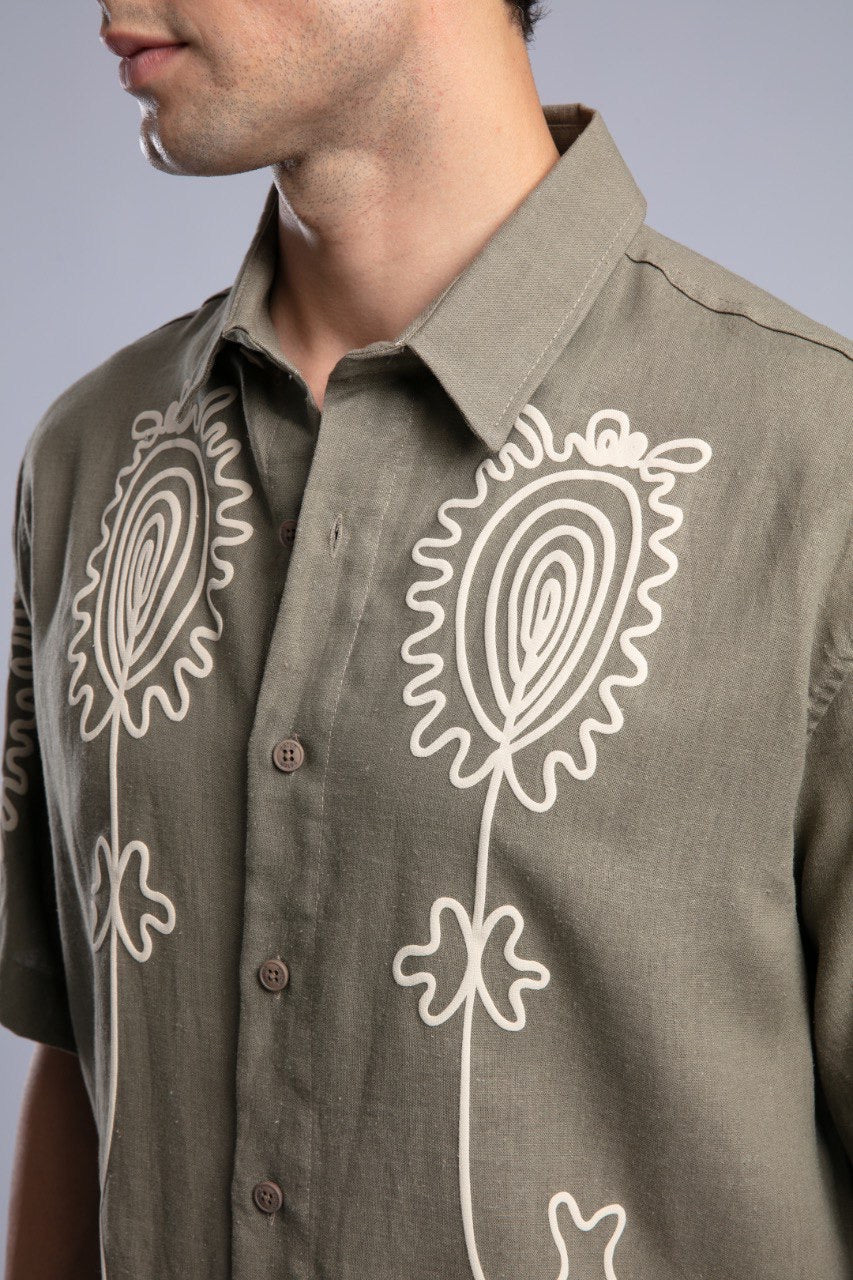 Olive Printed Short Sleeve Button-Up Shirt for Men