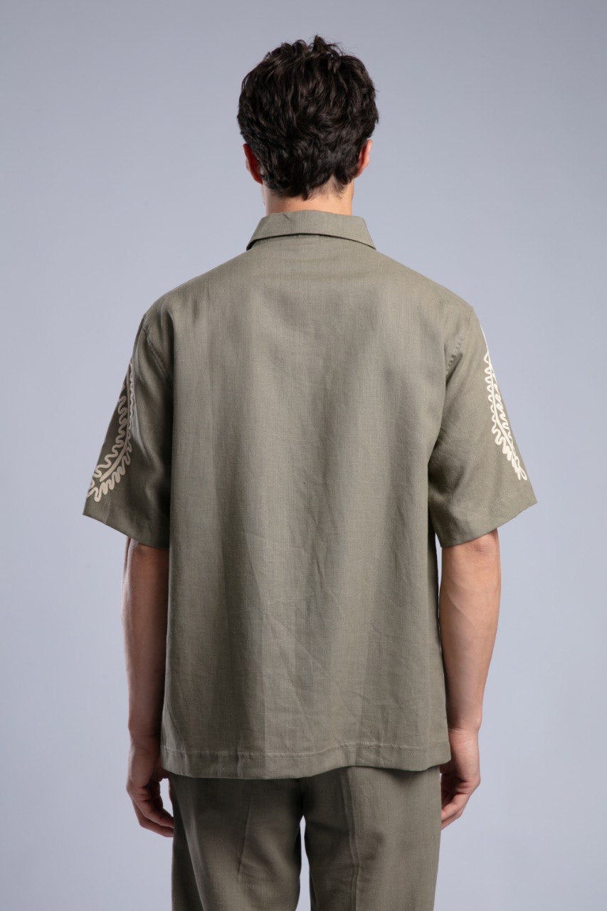 Olive Printed Short Sleeve Button-Up Shirt for Men