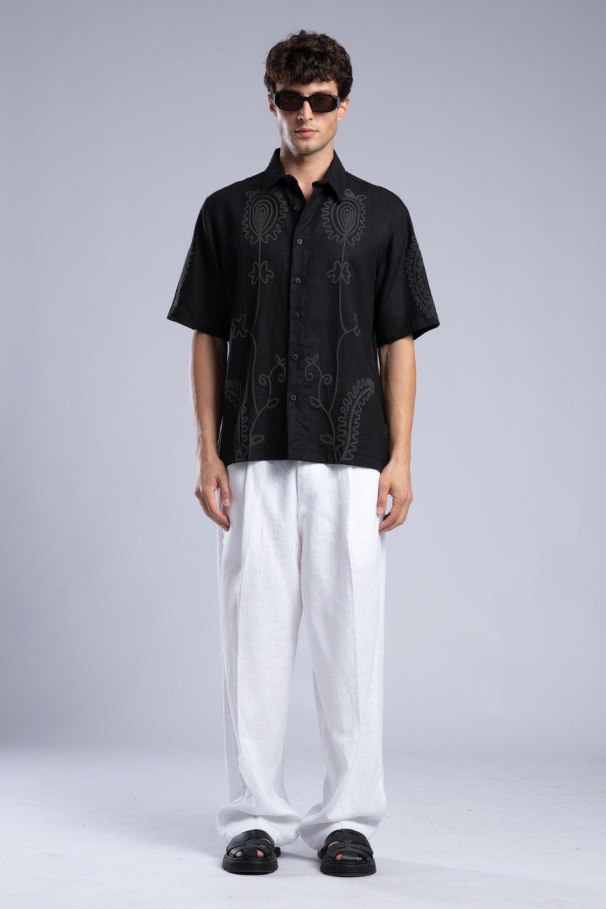 Black Printed Short Sleeve Button-Up Shirt for Men
