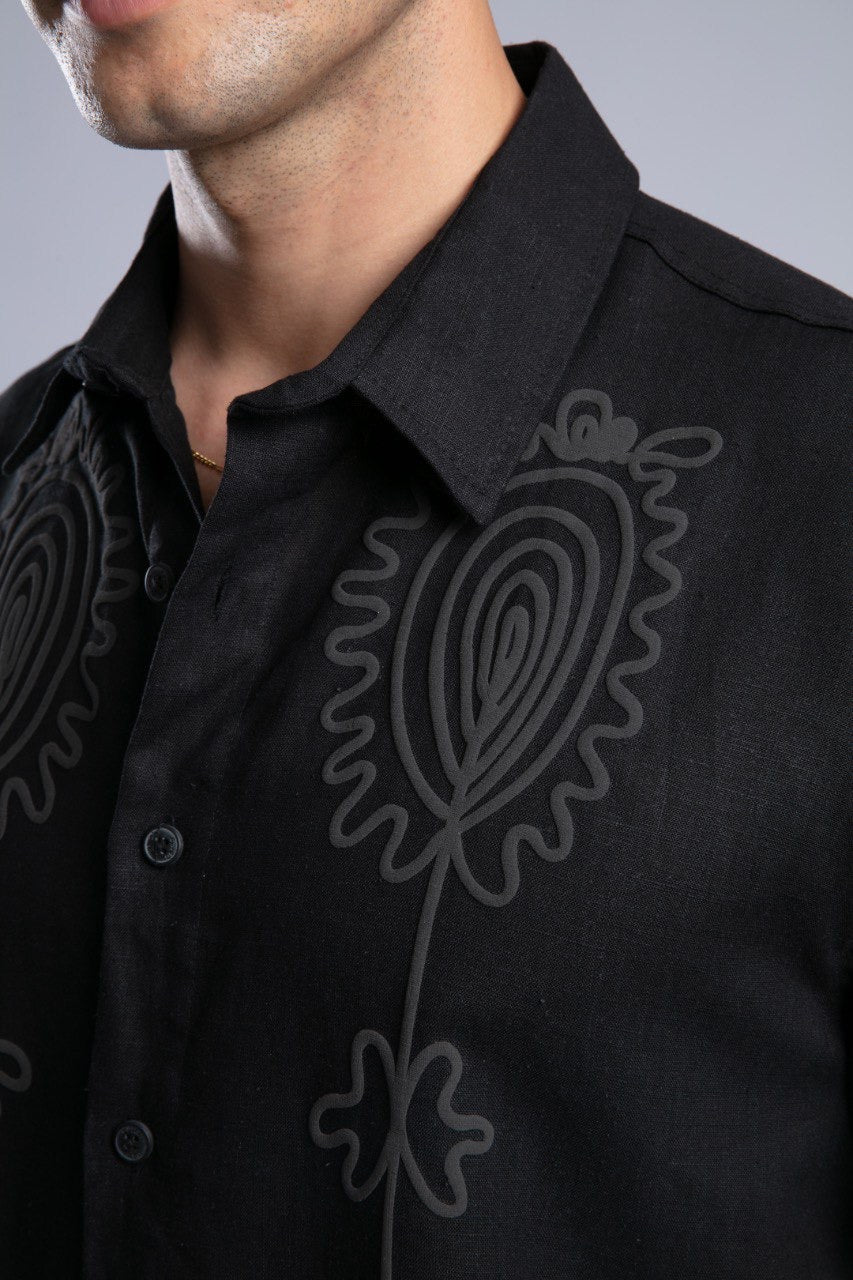 Black Printed Short Sleeve Button-Up Shirt for Men