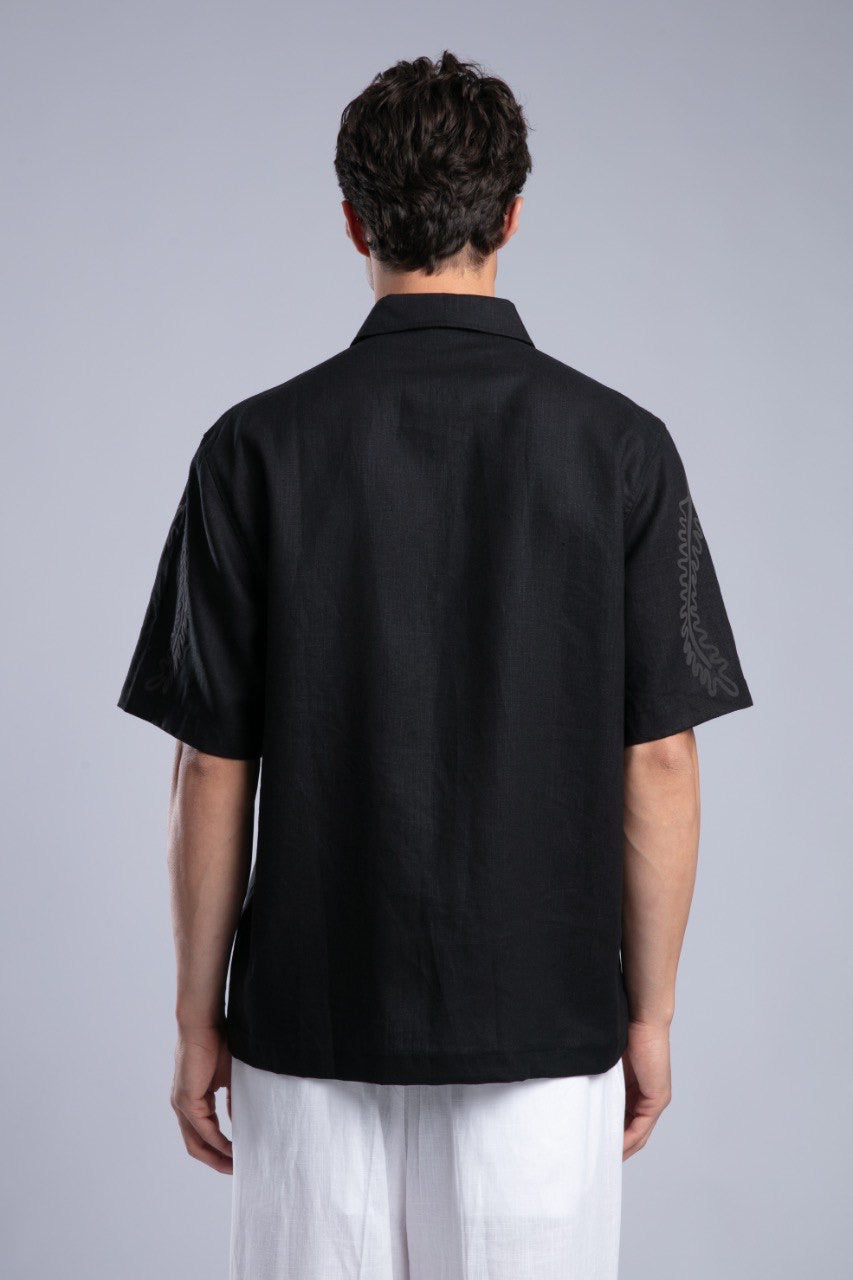 Black Printed Short Sleeve Button-Up Shirt for Men