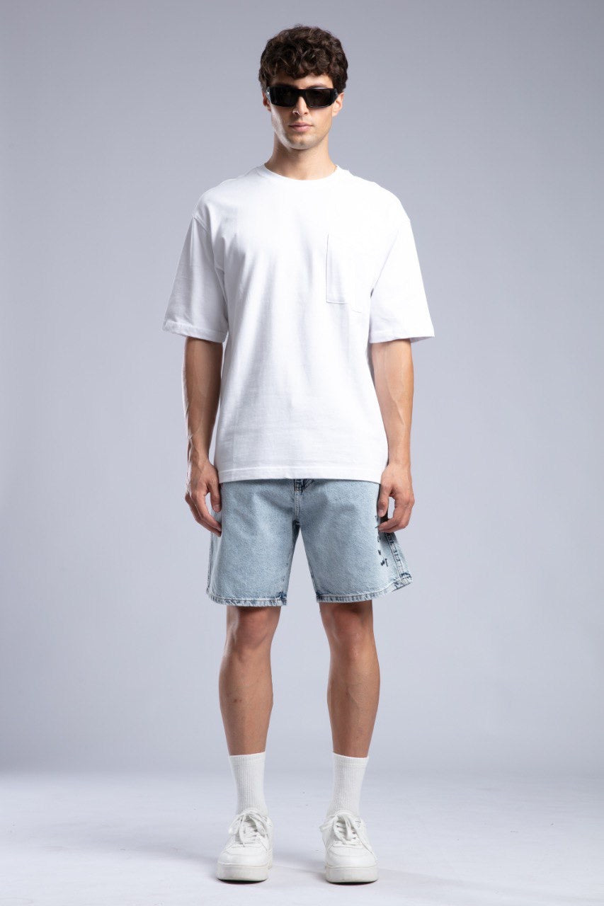 Classic White Pocket Tee with Light Wash Denim Shorts