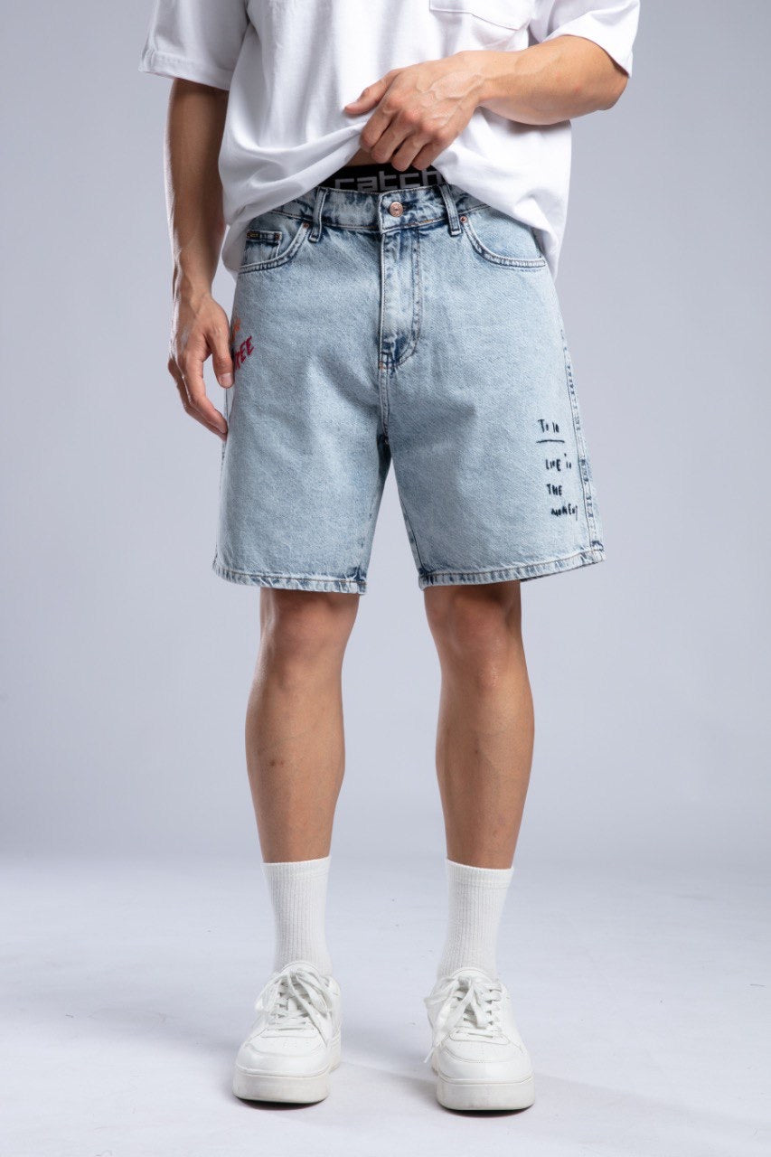 Classic White Pocket Tee with Light Wash Denim Shorts