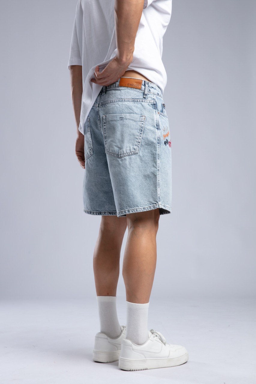 Classic White Pocket Tee with Light Wash Denim Shorts