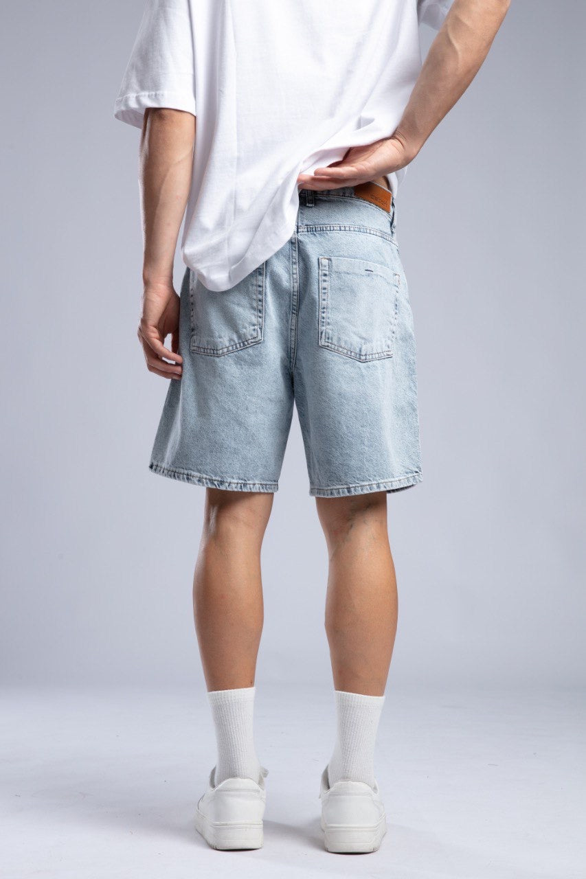 Classic White Pocket Tee with Light Wash Denim Shorts