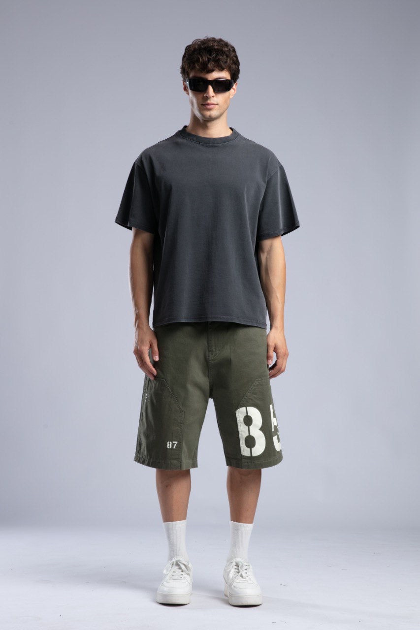 Charcoal Tee with Army Green Cargo Shorts Streetwear