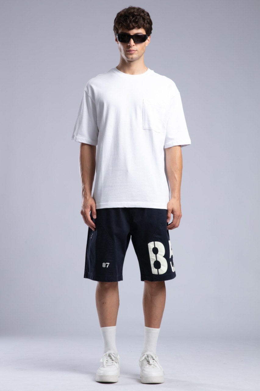 White Pocket Tee & Navy Printed Cargo Shorts Set