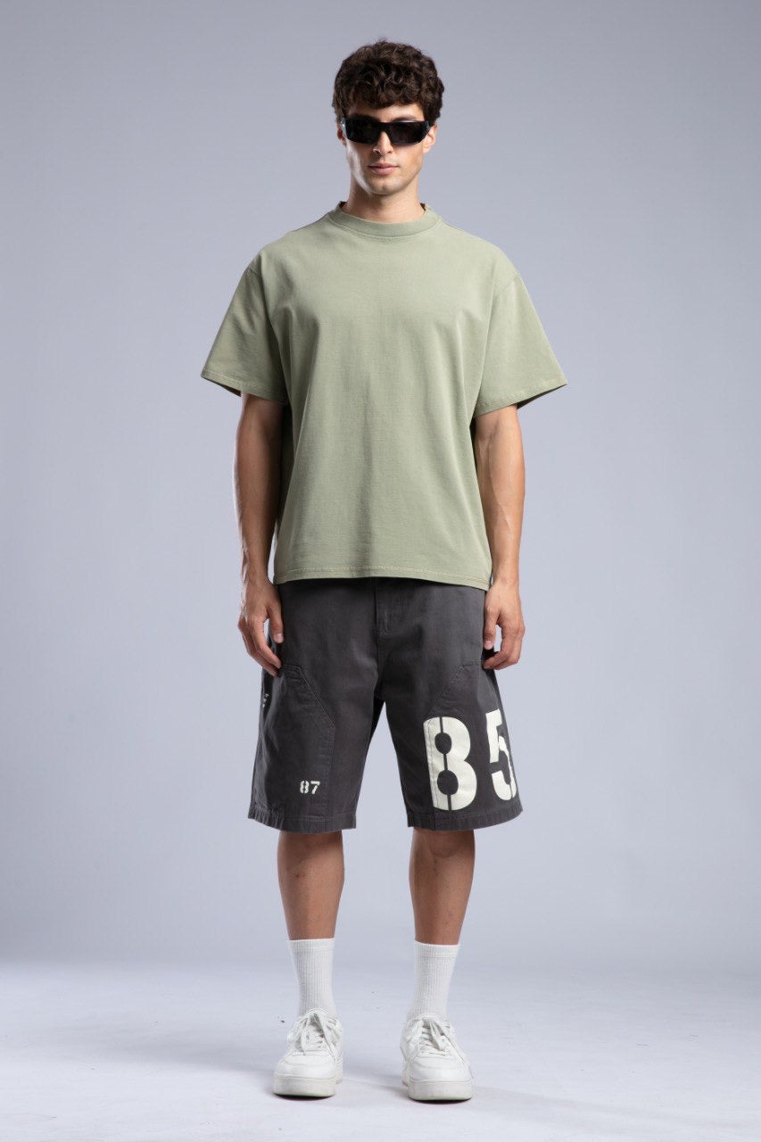 Sage Green Oversized Tee with Charcoal Cargo Shorts