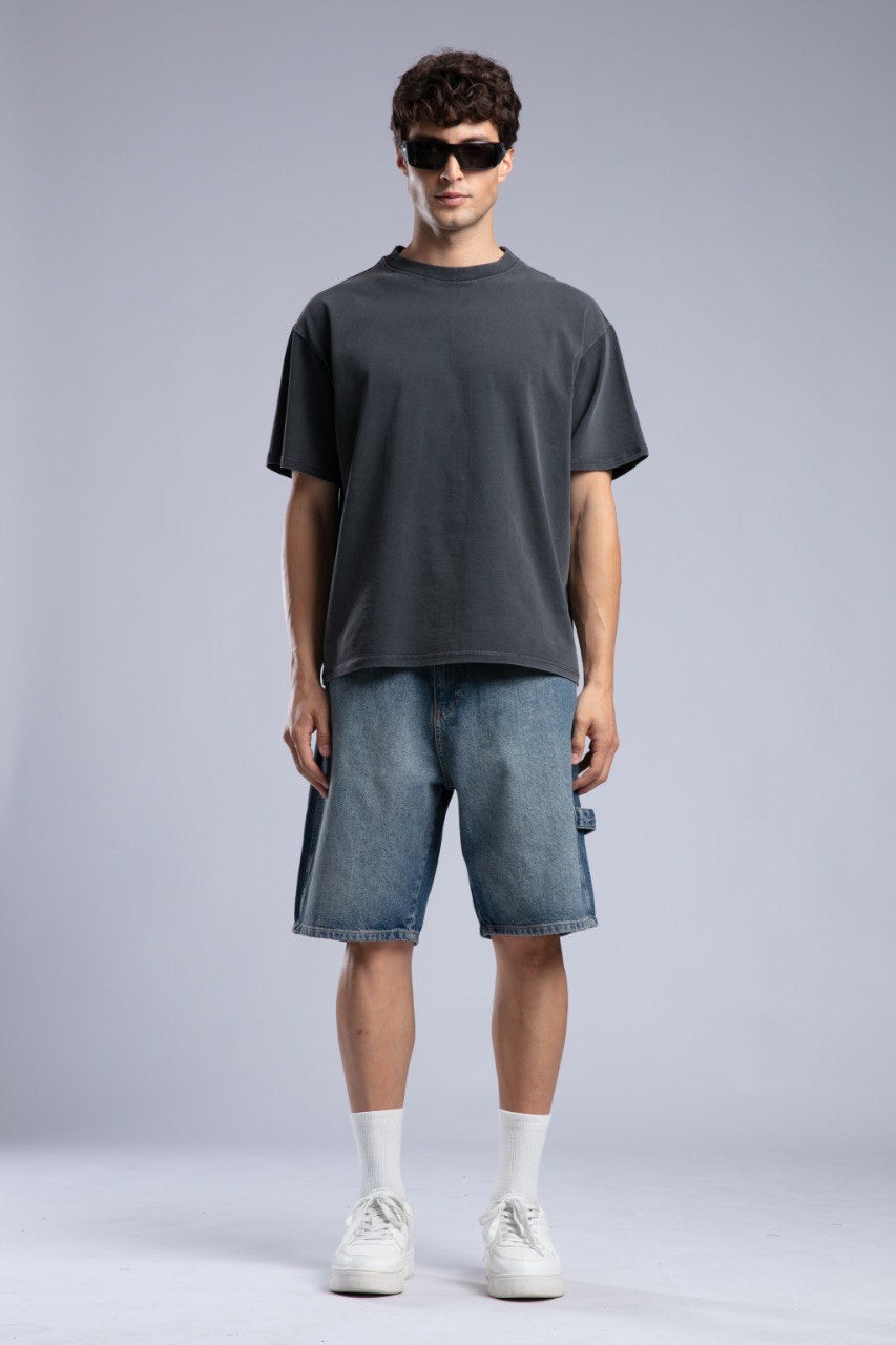 Men’s Charcoal Oversized Tee & Classic Denim Shorts