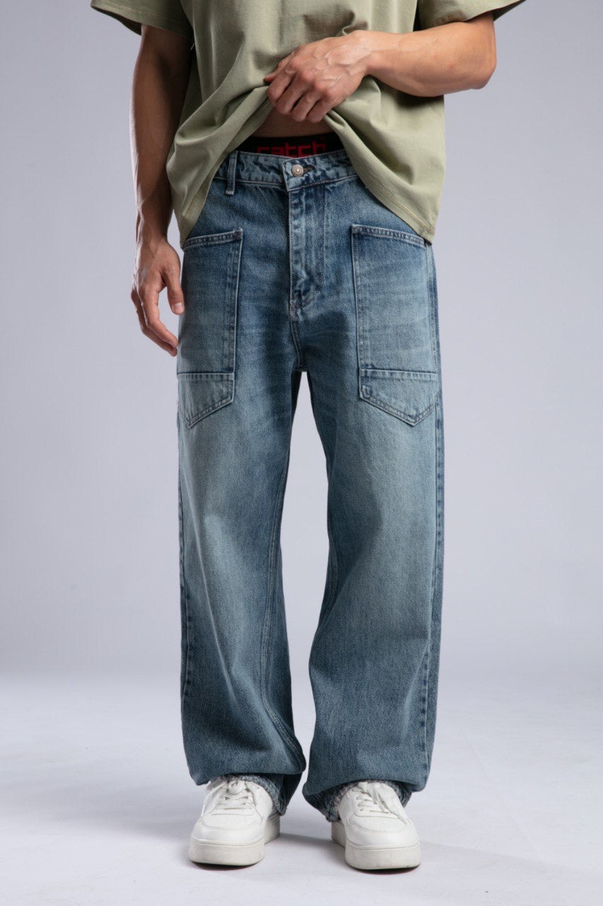 Oversized Light Blue Wide-Leg Utility Denim Jeans