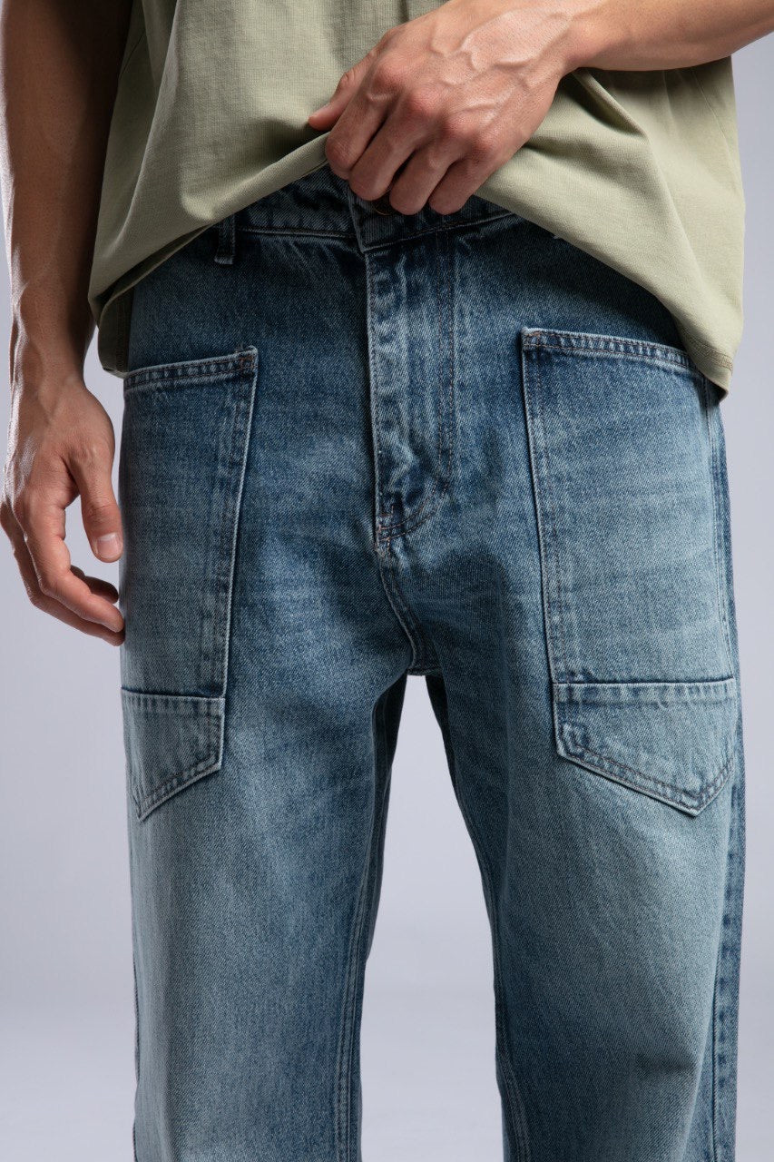 Oversized Light Blue Wide-Leg Utility Denim Jeans