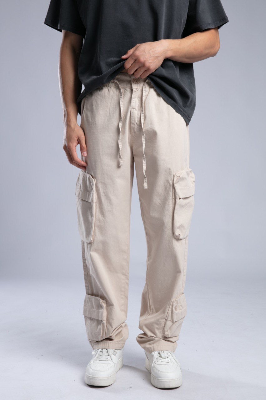 Men’s Beige Cargo Drawstring Pants – Casual Utility Fit