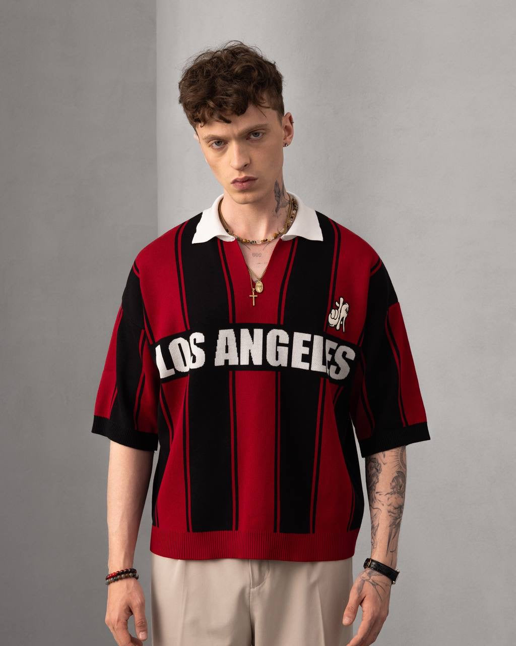 Los Angeles Striped Polo – Retro Streetwear Knit T-Shirt