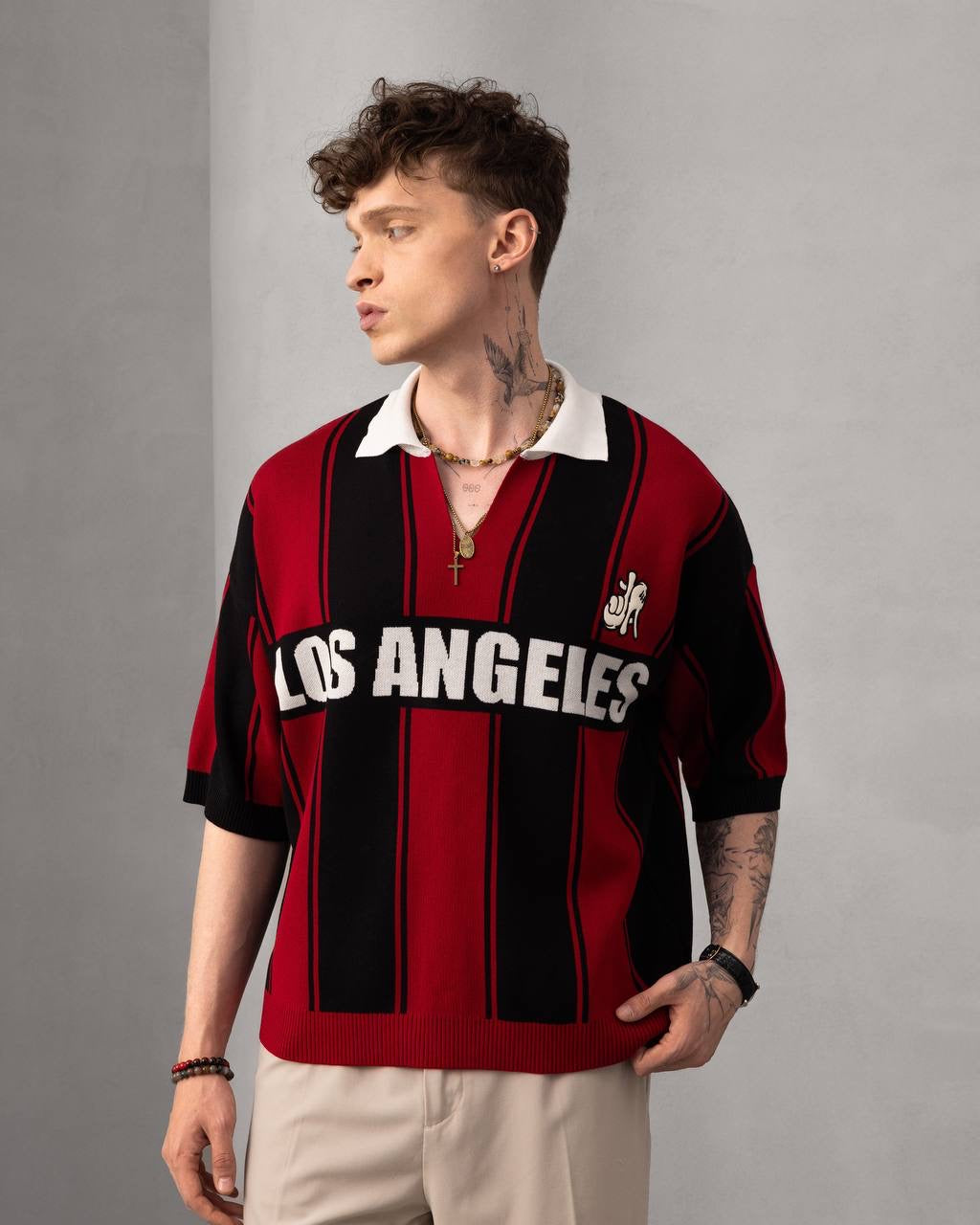 Los Angeles Striped Polo – Retro Streetwear Knit T-Shirt