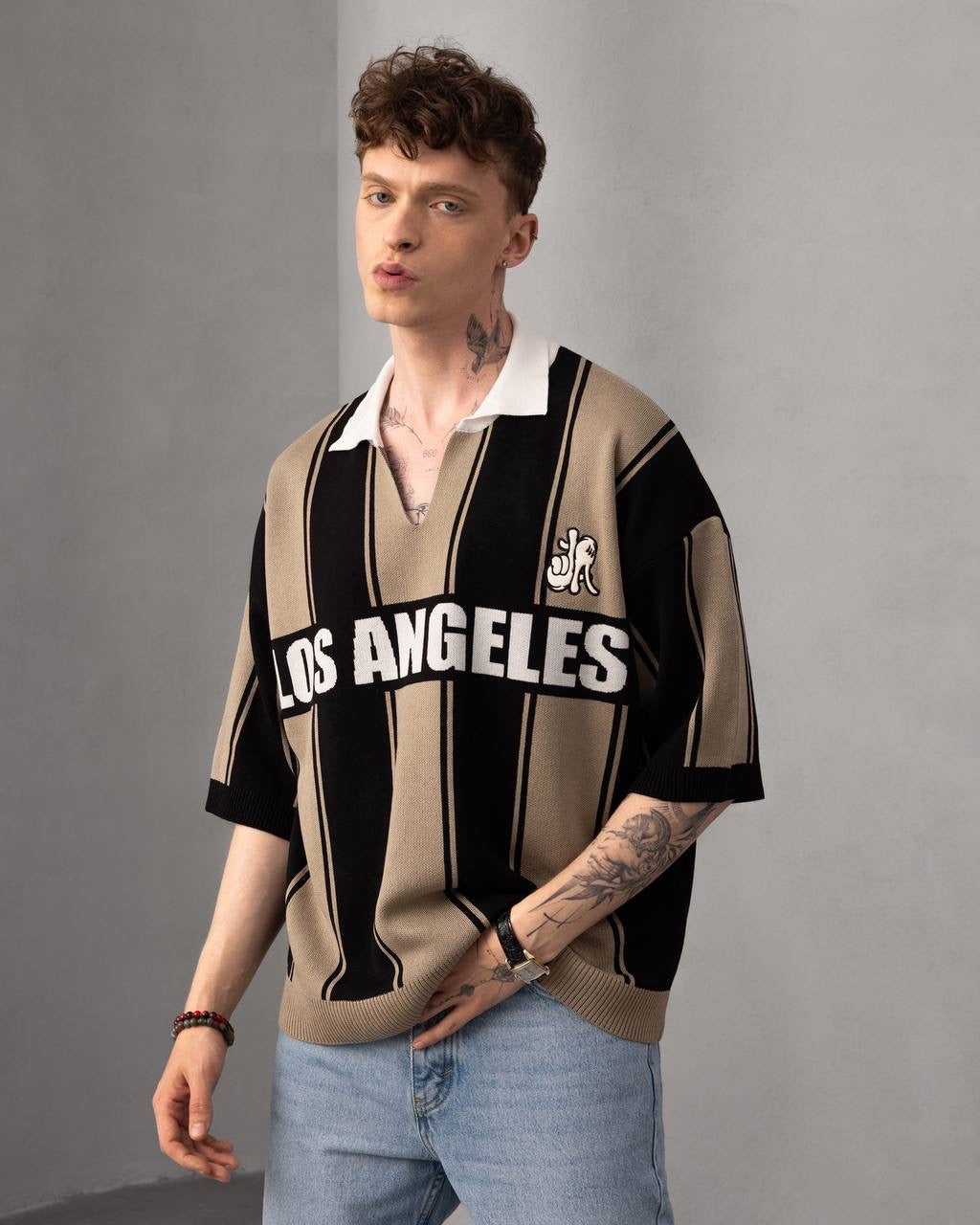 Los Angeles Striped Polo – Retro Streetwear Knit T-Shirt