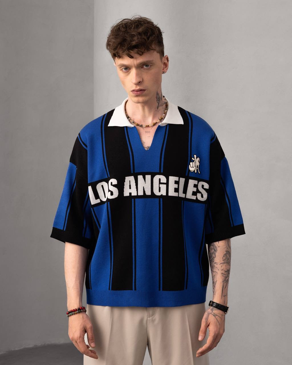 Los Angeles Striped Polo – Retro Streetwear Knit T-Shirt