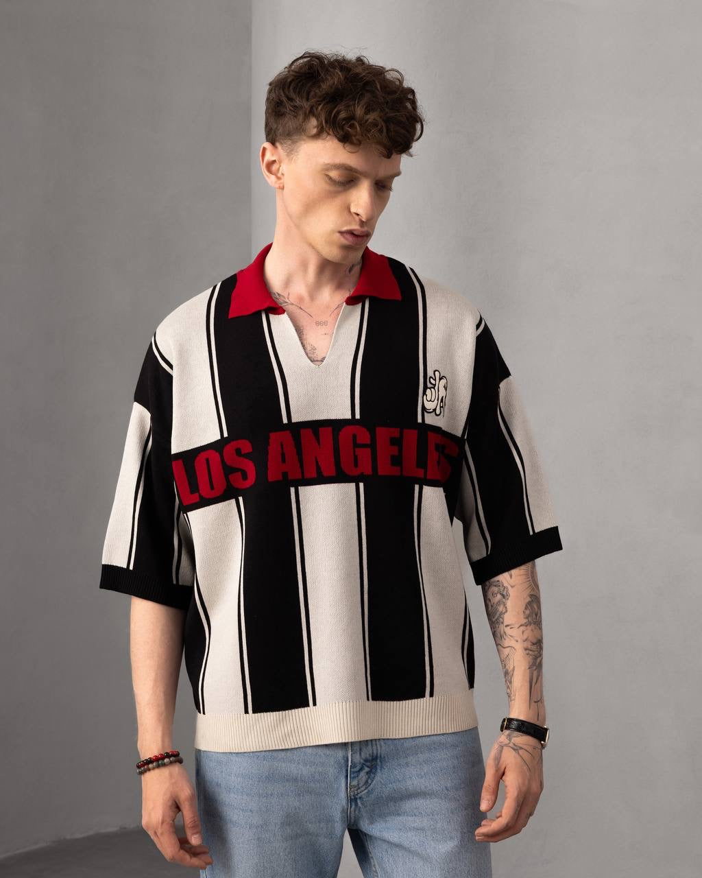Los Angeles Striped Polo – Retro Streetwear Knit T-Shirt