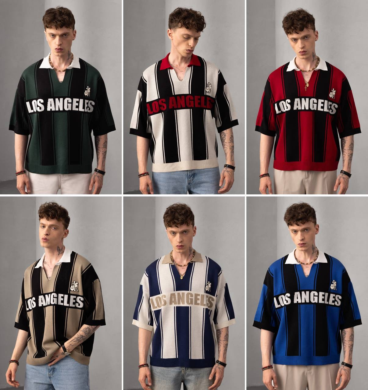 Los Angeles Striped Polo – Retro Streetwear Knit T-Shirt