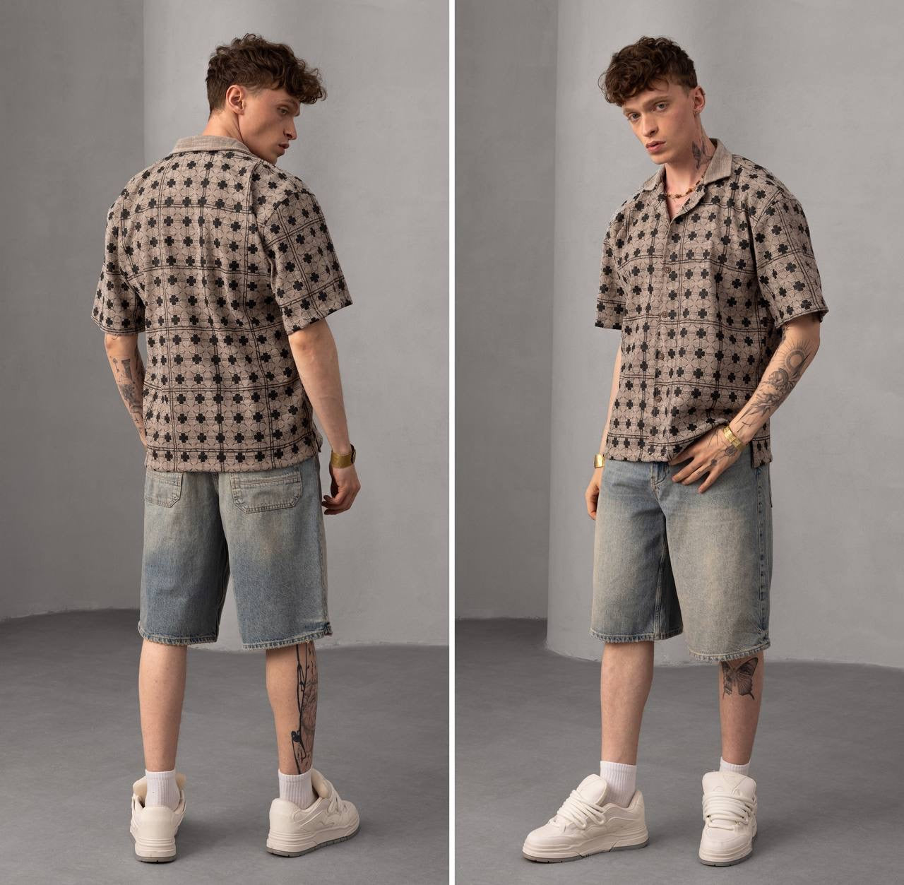 Clover Pattern Men's Short Sleeve Button-Up Shirt – Casual Summer Style