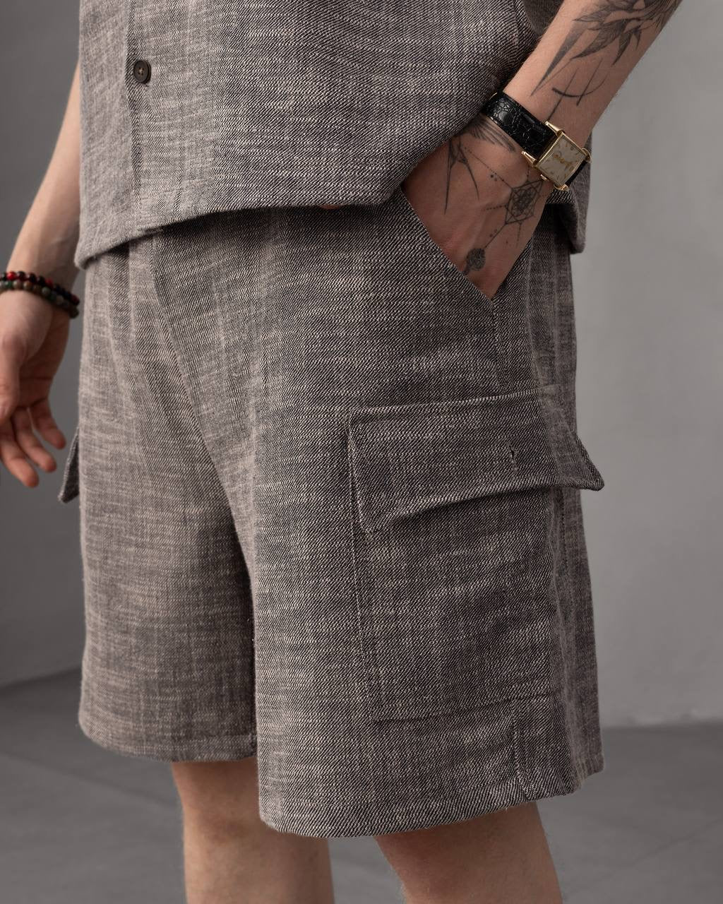 Casual Linen Shirt & Cargo Shorts Set