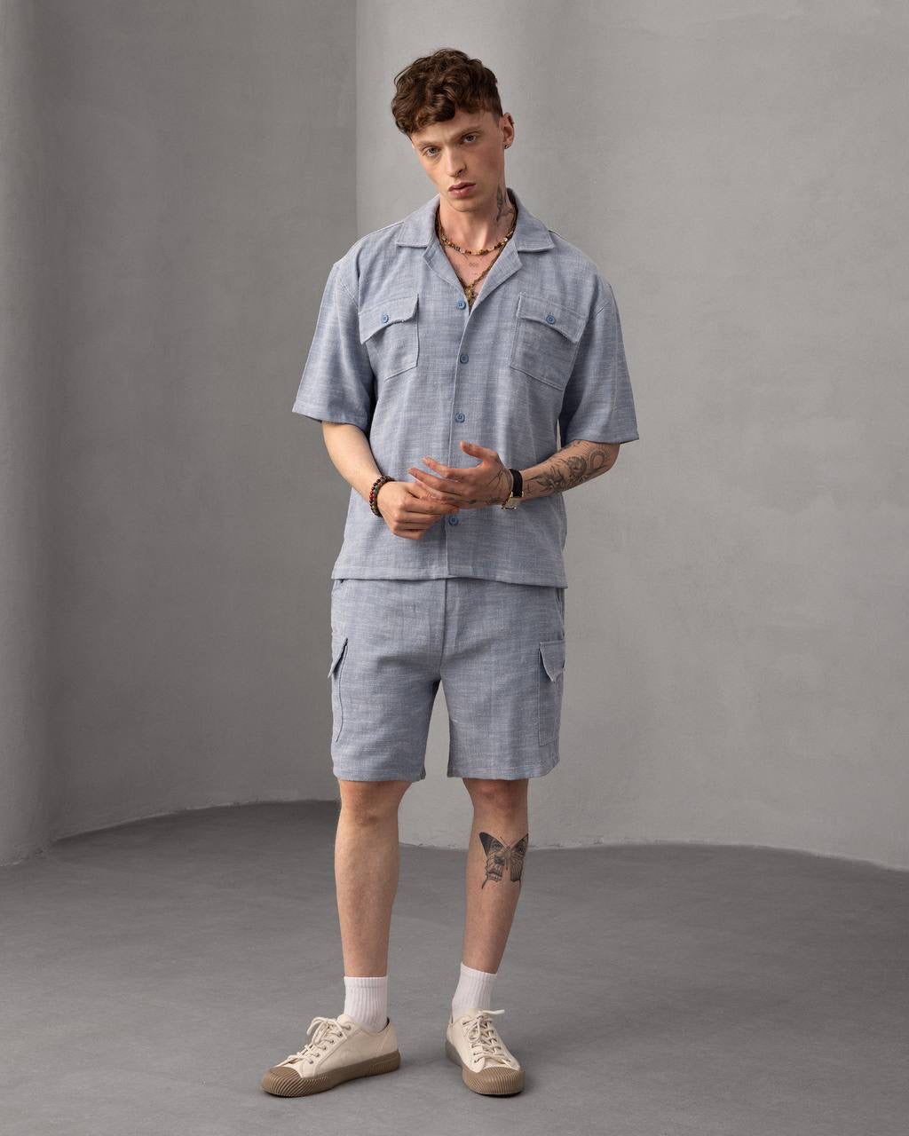 Casual Linen Shirt & Cargo Shorts Set